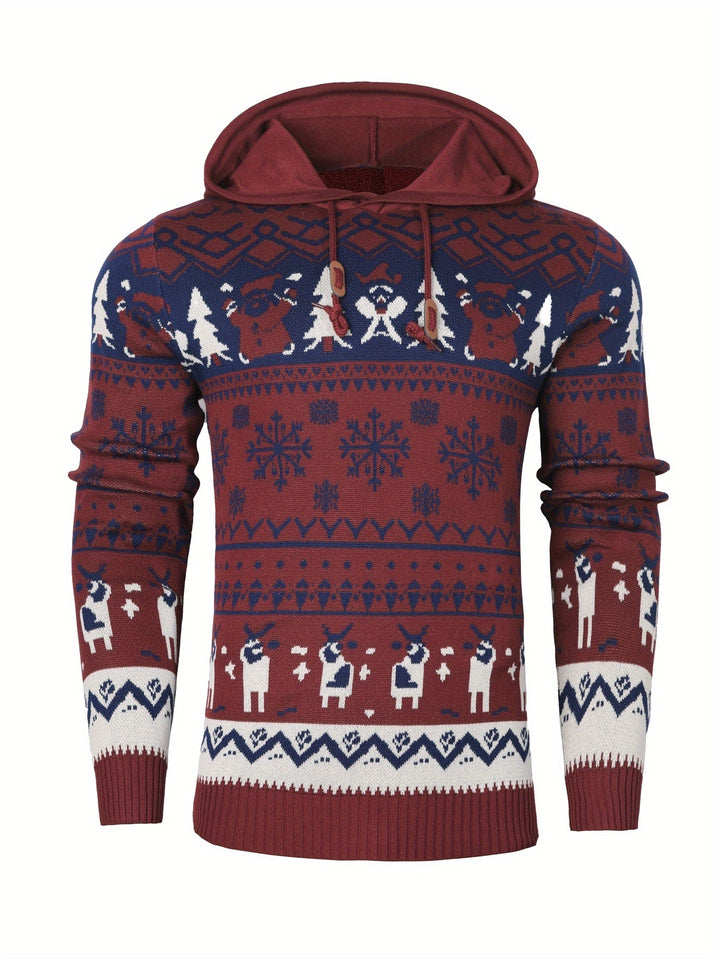 Women's Hooded Christmas Sweater with Reindeer and Snowflake Pattern