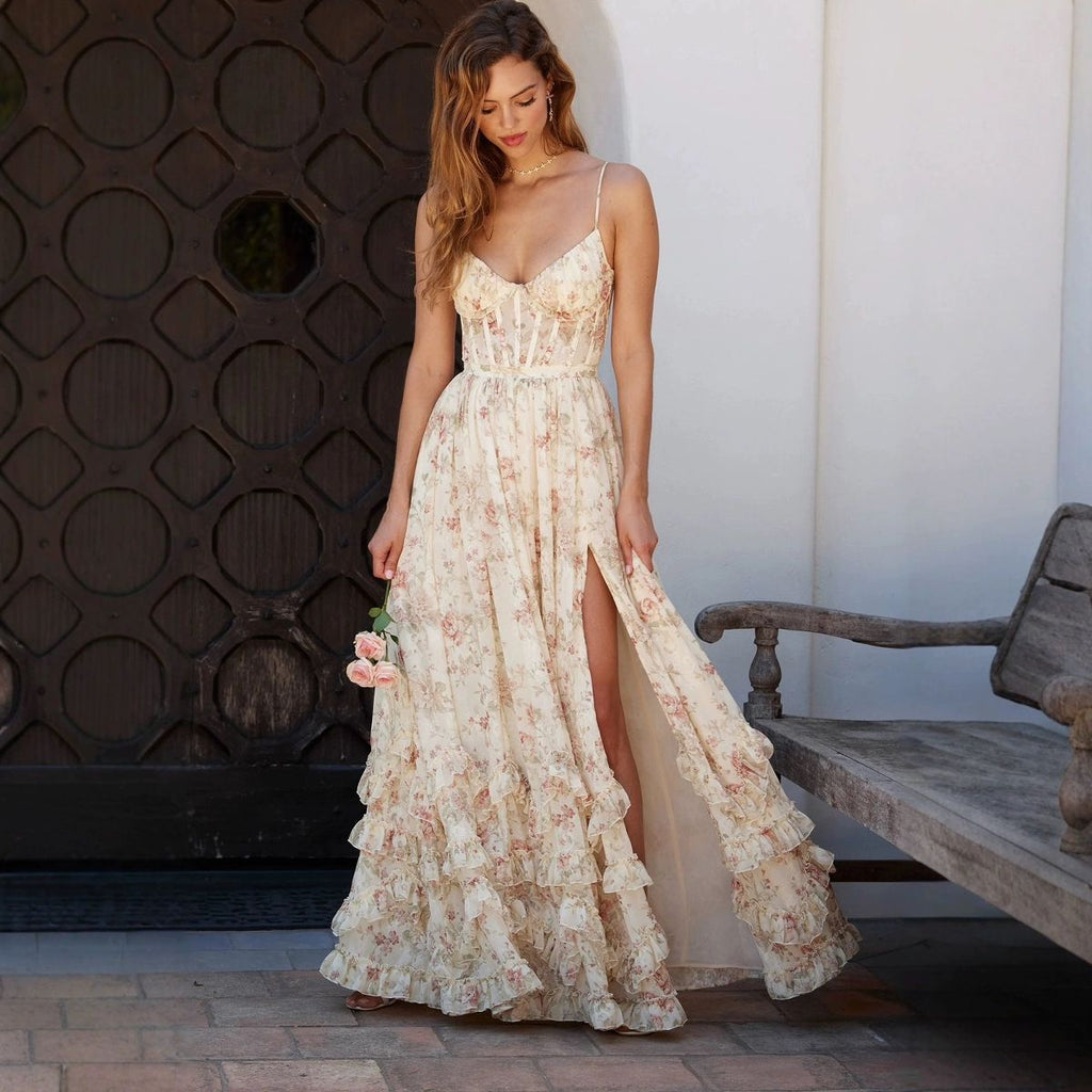 European And American Sexy Printed Floral Long Dress-HighTouch