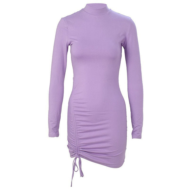 Purple Pleated Turtleneck Dress