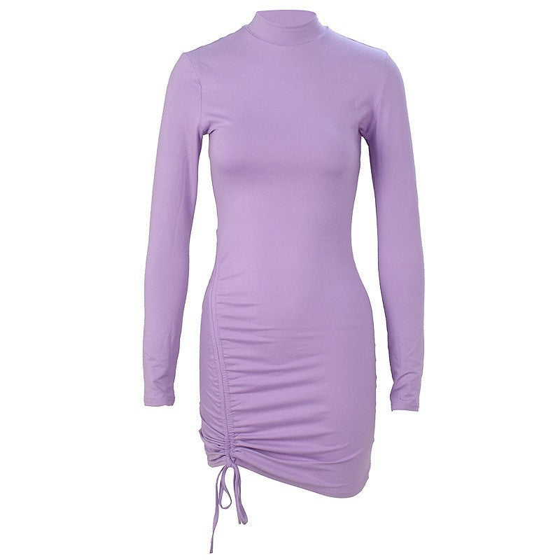 Purple Pleated Turtleneck Dress-HighTouch