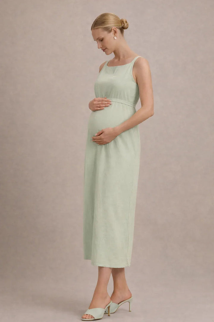 Maternity Midi Dress – Sleeveless Empire Waist Pregnancy Dress with Tie Waist