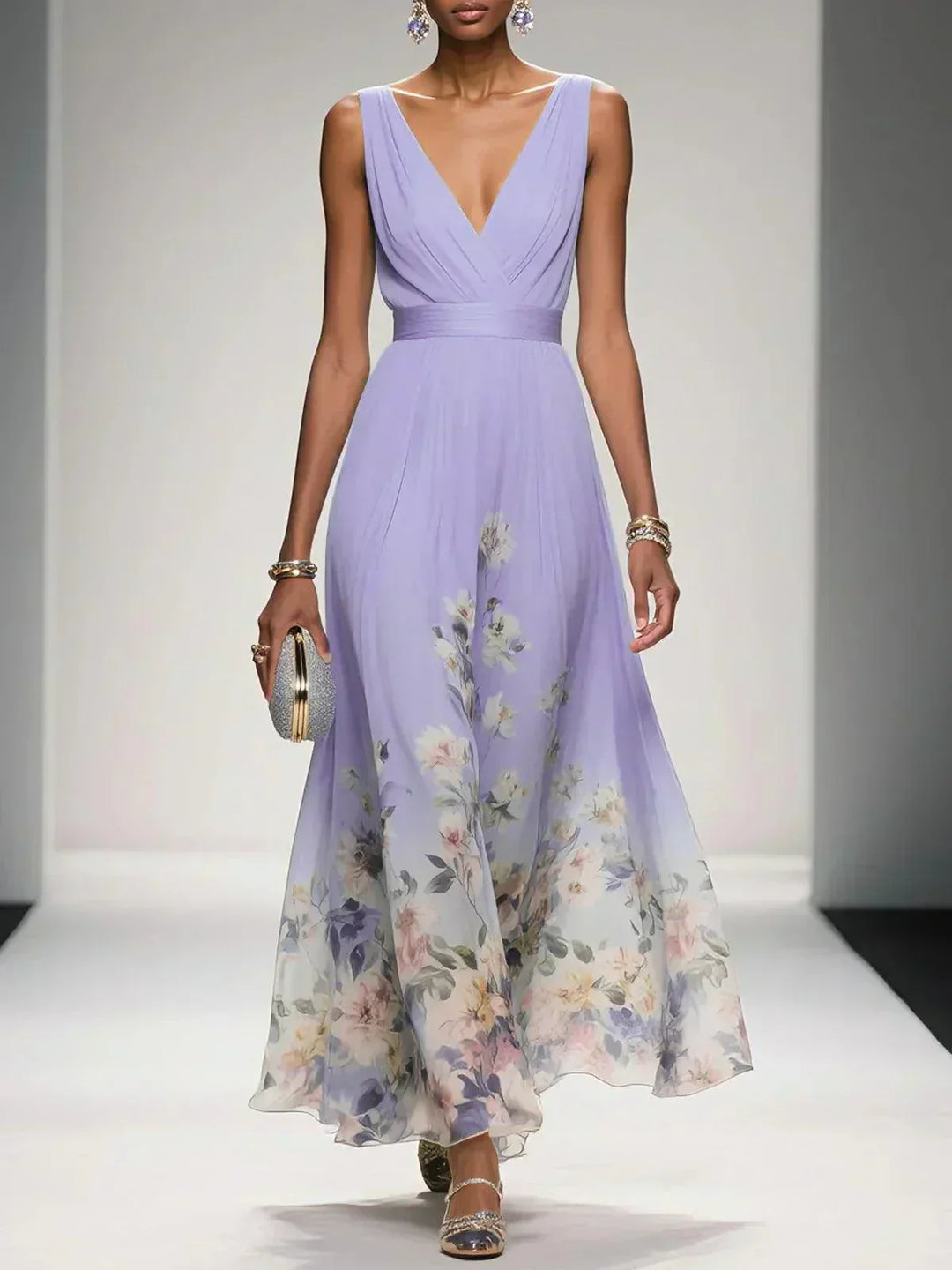 Hightouch | Drop Waist Floral Maxi Wedding Guest Dress
