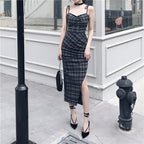 Women's High-Waist Sleeveless Long Skirt – Black Grey Straight Collar Maxi Skirt-HighTouch