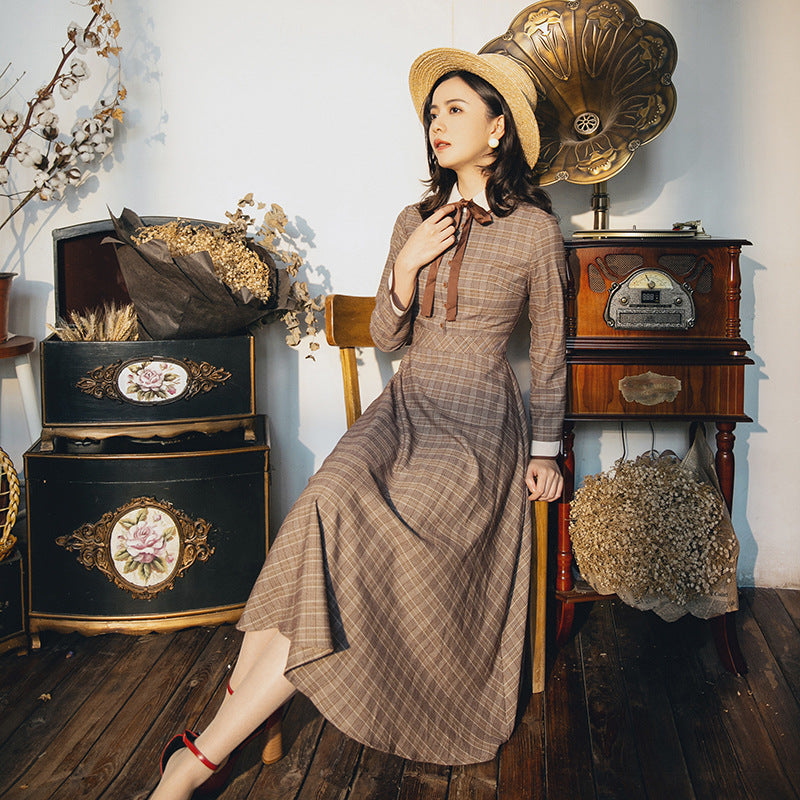 Women's Literary Retro Temperament Plaid Dress-HighTouch