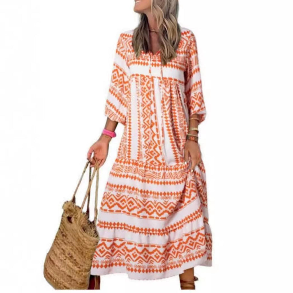 Women's Spring Dress | Patterned Maxi Long Sleeve-HighTouch