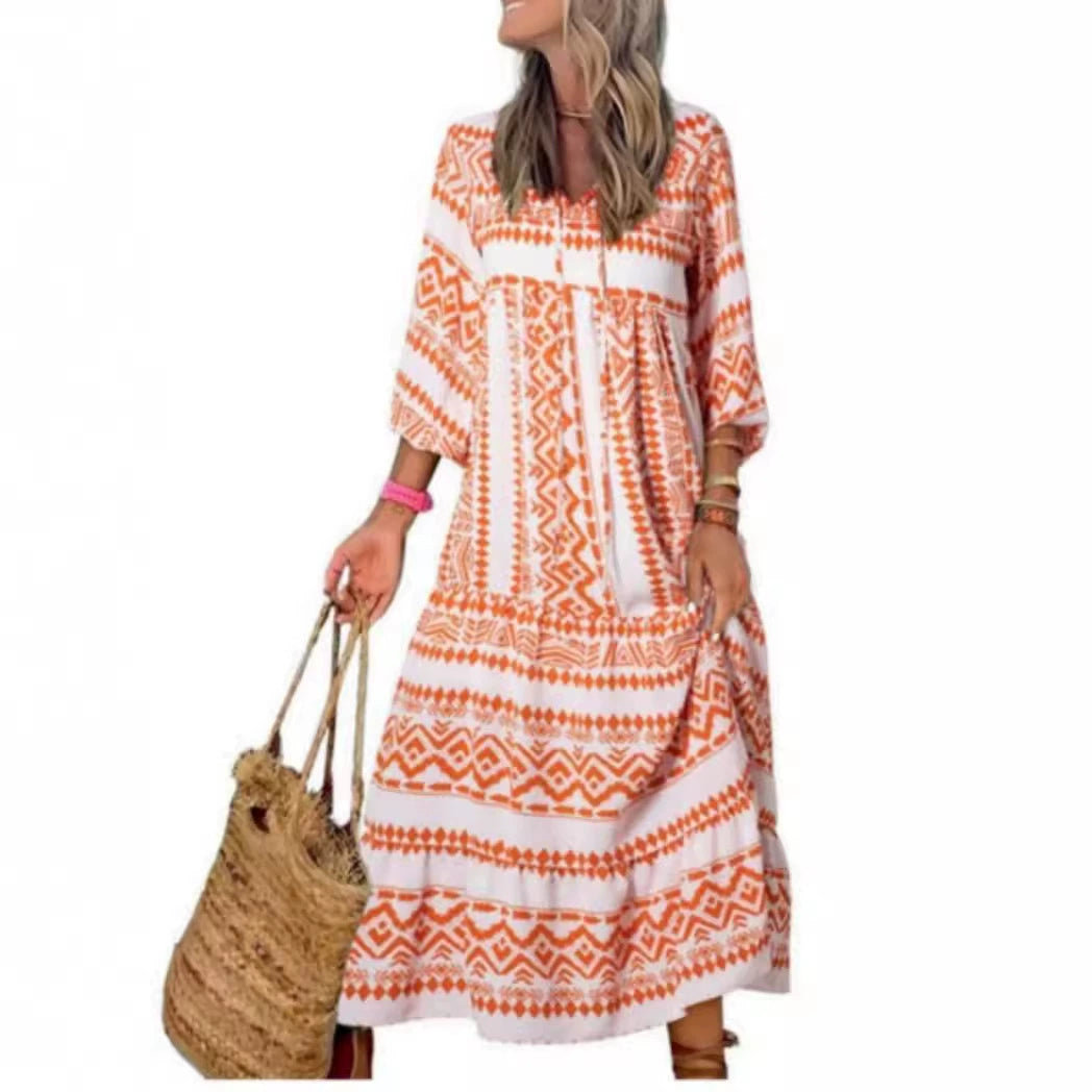 Women's Spring Dress | Patterned Maxi Long Sleeve-HighTouch