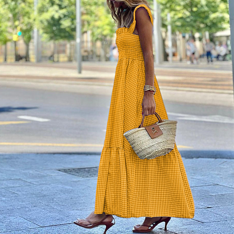 Women's High-Waist Plaid Sleeveless Dress-HighTouch