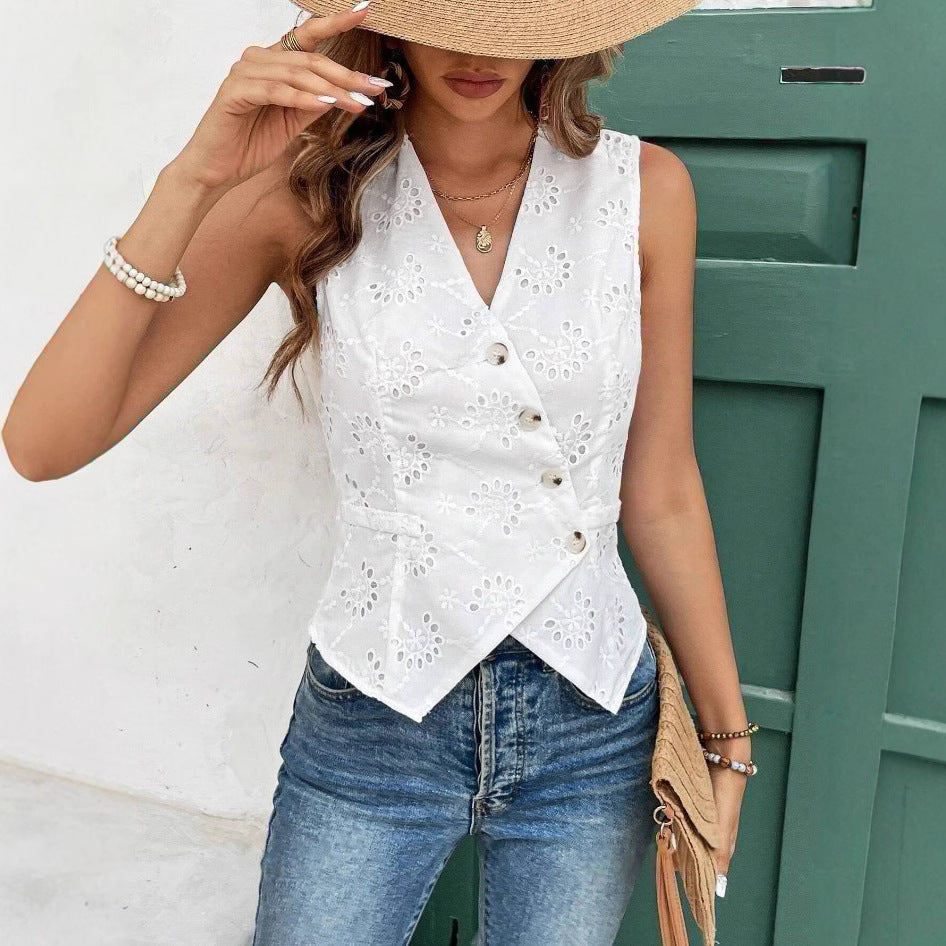 Solid Color And V-neck Button Cardigan Vest Temperament Crochet-HighTouch