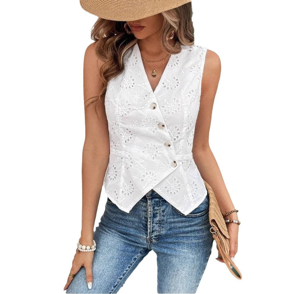 Solid Color And V-neck Button Cardigan Vest Temperament Crochet-HighTouch
