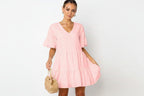Pure Cotton Short-Sleeved Dress | V-Neck Large Swing Mini-HighTouch