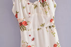 French Retro Printed V-neck Waist Trimming Spaghetti Straps Dress-HighTouch