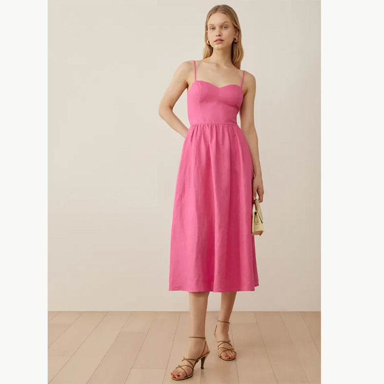 Linen Mid-Fashion Dress with Suspenders-HighTouch
