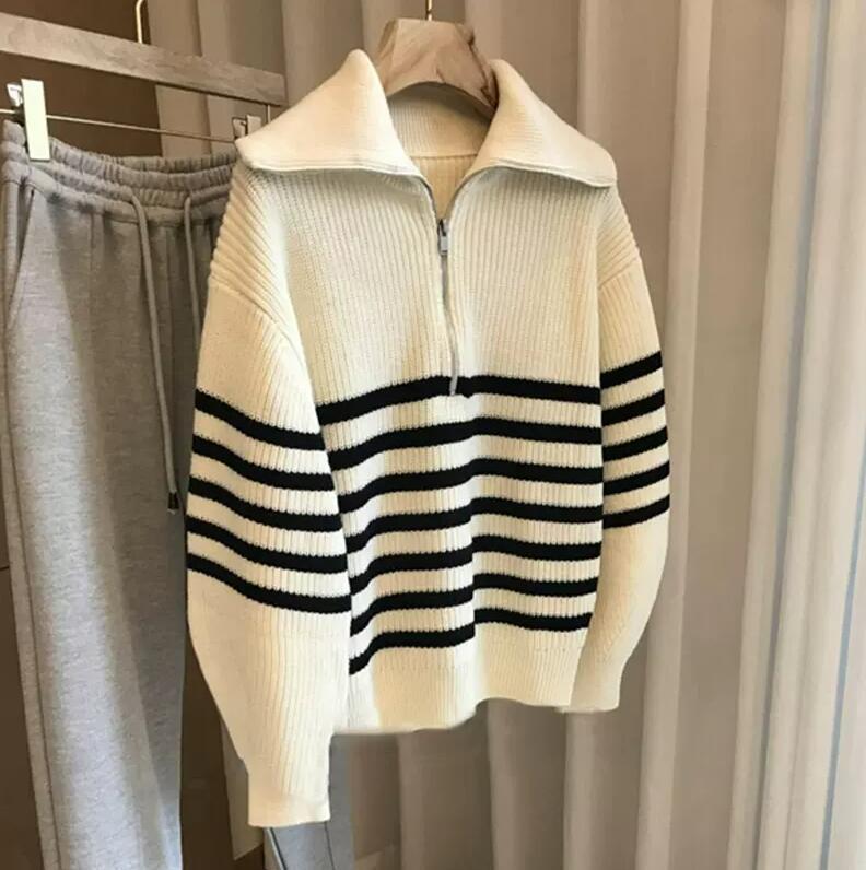 Striped Lapel Half-Zipper Pullover Sweater – Contrast Knit Casual Top