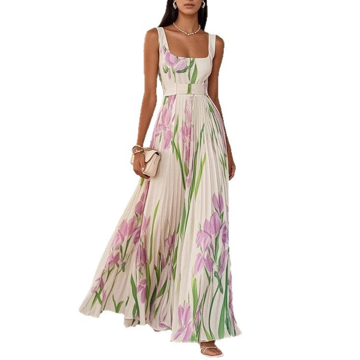 European And American Pleated Printing Dress-HighTouch