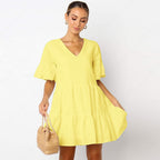 Pure Cotton Short-Sleeved Dress | V-Neck Large Swing Mini-HighTouch