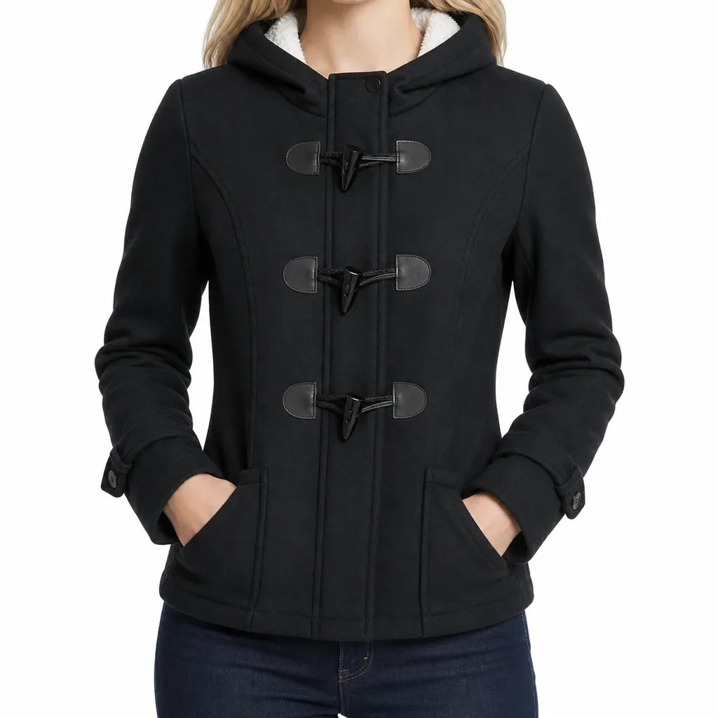 Autumn Duffle Jacket Women Hooded Toggle Coat Sherpa Trim