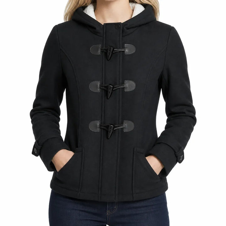 Autumn Duffle Jacket Women Hooded Toggle Coat Sherpa Trim