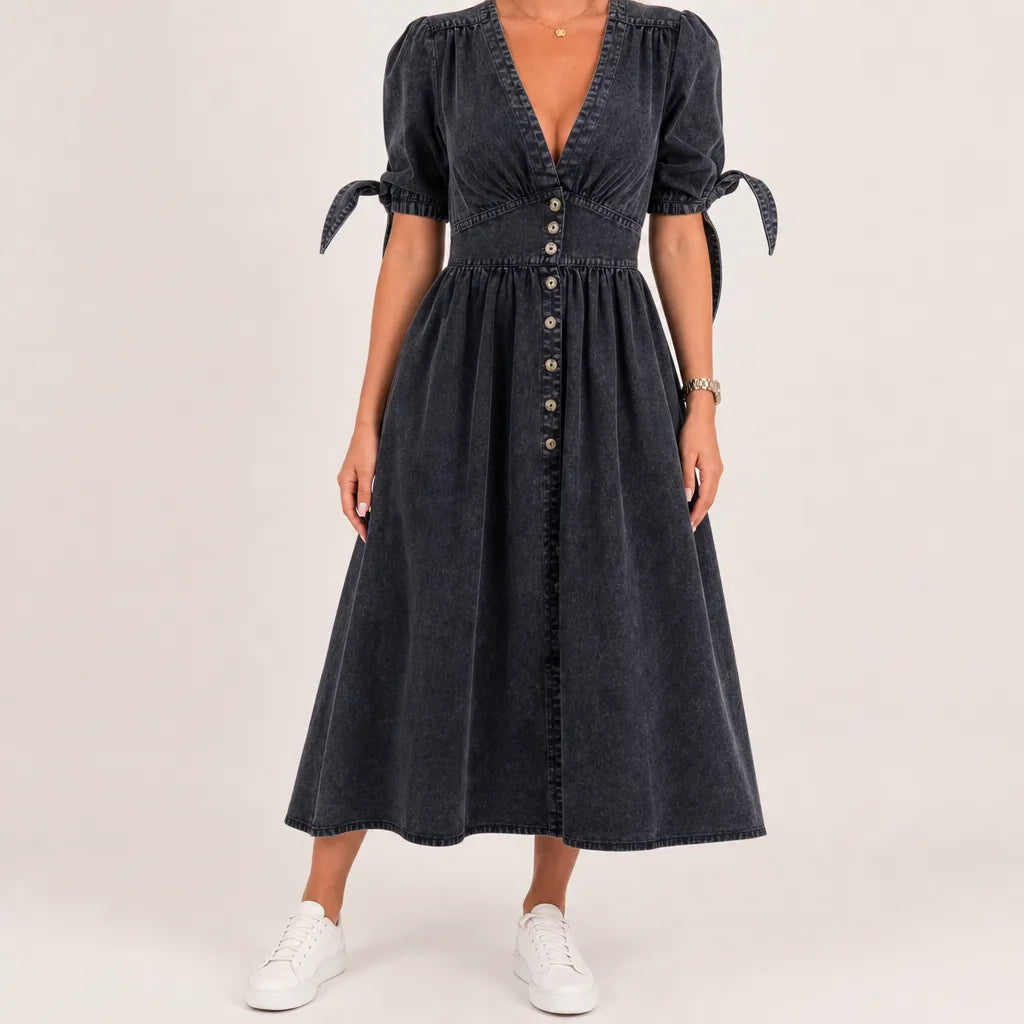 Women's Fall Denim Shirt Dress Long Sleeve Button Down