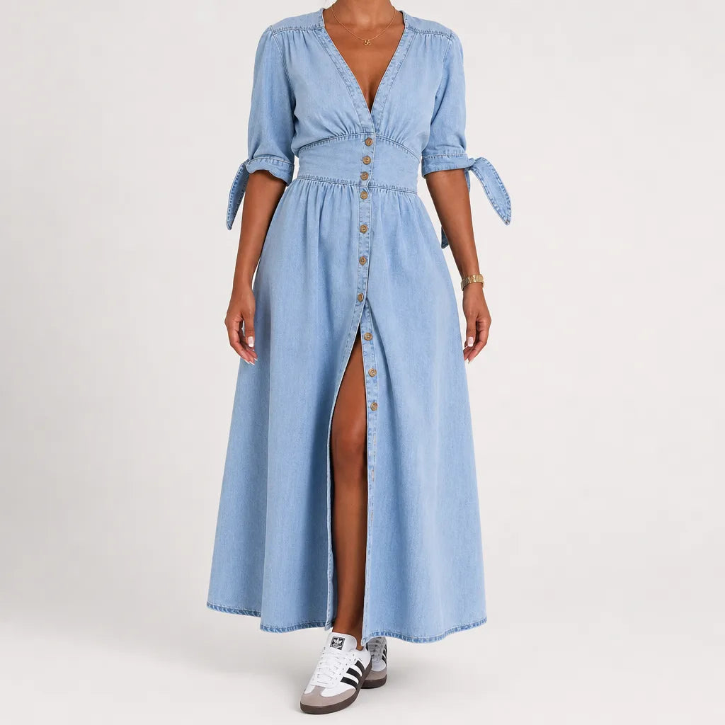 Women's Fall Denim Shirt Dress Long Sleeve Button Down
