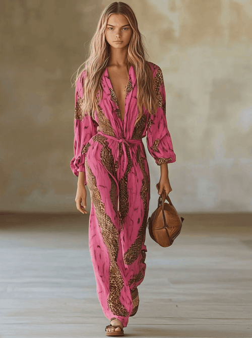 Allegra | Women's Leopard Print Long Sleeve Jumpsuit