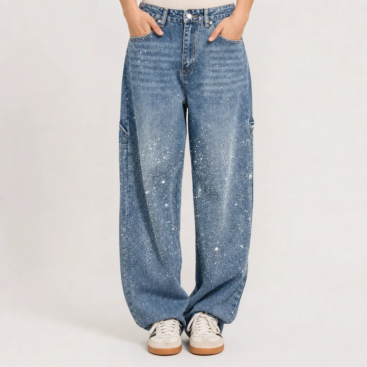 Women's Rhinestone Baggy Jeans - Curved Barrel Wide-Leg Denim