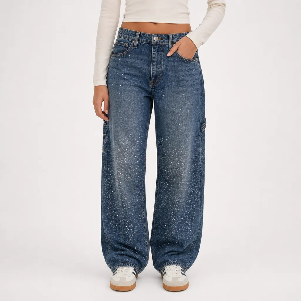 Women's Rhinestone Baggy Jeans - Curved Barrel Wide-Leg Denim