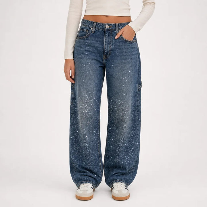 Women's Rhinestone Baggy Jeans - Curved Barrel Wide-Leg Denim