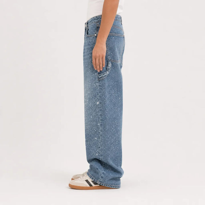 Women's Rhinestone Baggy Jeans - Curved Barrel Wide-Leg Denim