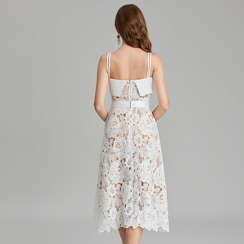 Crocheted Hollow Embroidery Stitching Lace-up Waist-controlled Slimming Dress-HighTouch