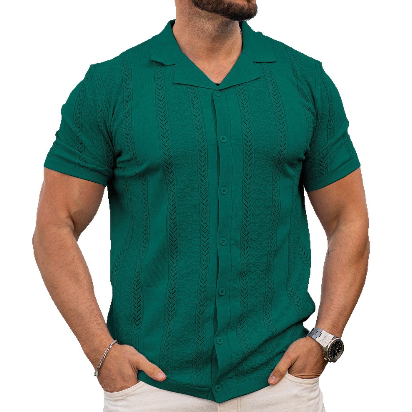Short Sleeve Men's Fashion Striped Hollow Shirt-HighTouch