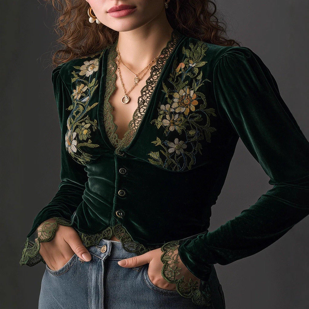 Women's V-Neck Retro Black Velvet Shirt with Puffed Sleeves-HighTouch