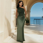 Solid Color Diagonal Collar Backless Sheath Casual Dress-HighTouch