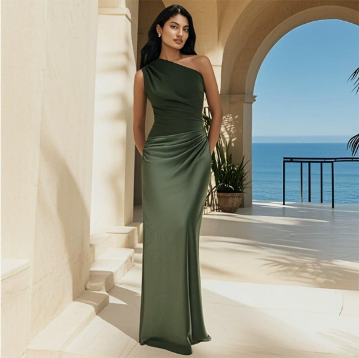 Solid Color Diagonal Collar Backless Sheath Casual Dress-HighTouch