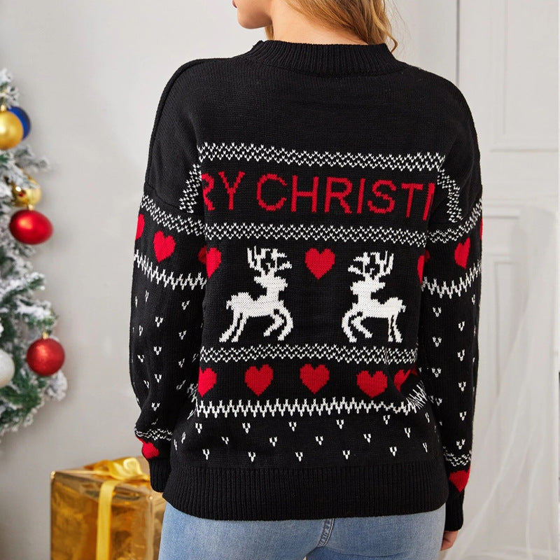 Women's Christmas Elk Heart Knit Sweater - Cute Festive Winter Sweater