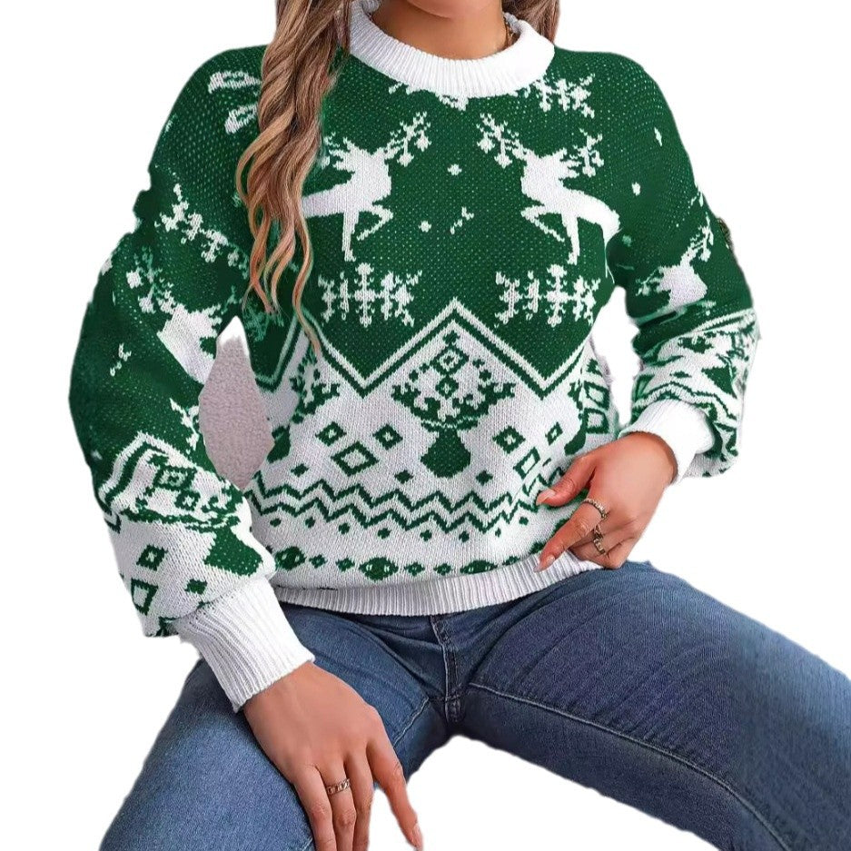 Women's Christmas Deer Print Knit Sweater - Festive Winter Sweater