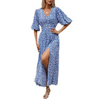 V-neck Lantern Sleeve Waist-tight Dress Seaside Vacation Bohemian Style-HighTouch