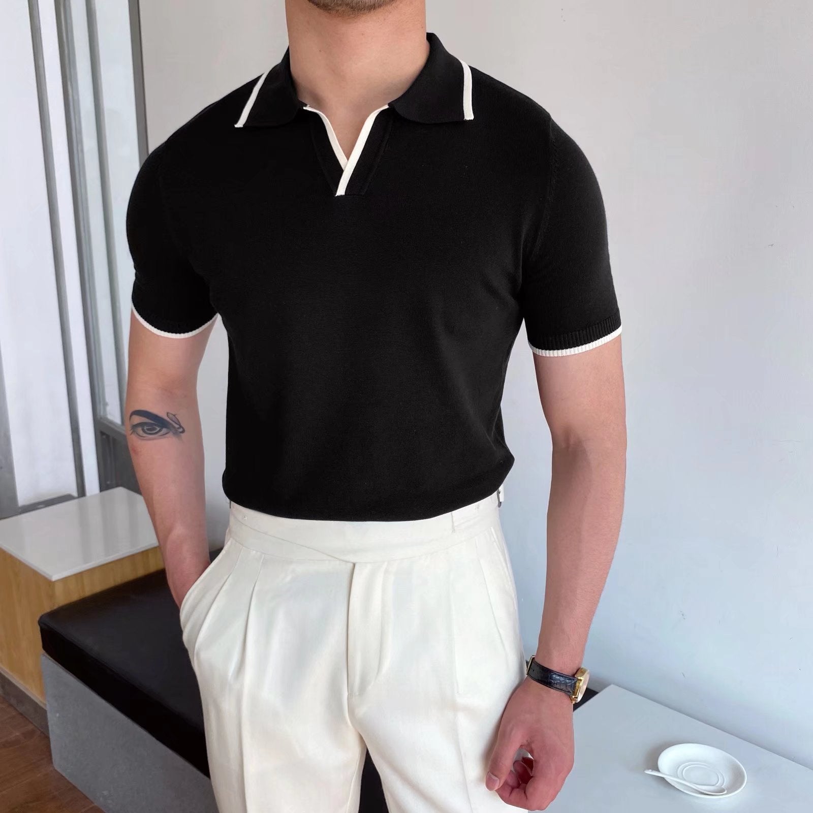 Men's Striped Ice Silk T-Shirt – Slim Fit with Slit Detail-HighTouch