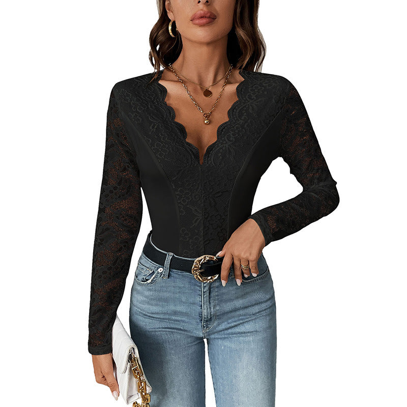 Women's Long Sleeve V-Neck Lace Jumpsuit-HighTouch