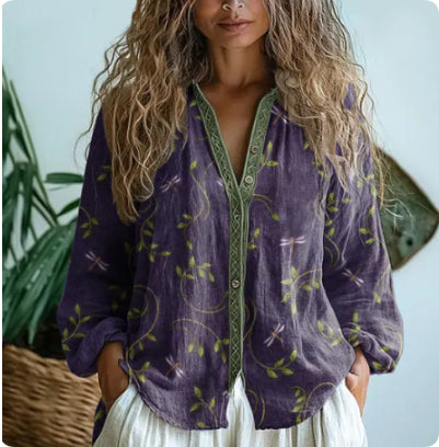 Women’s Blouse | Printed V-Neck Long Sleeve-HighTouch