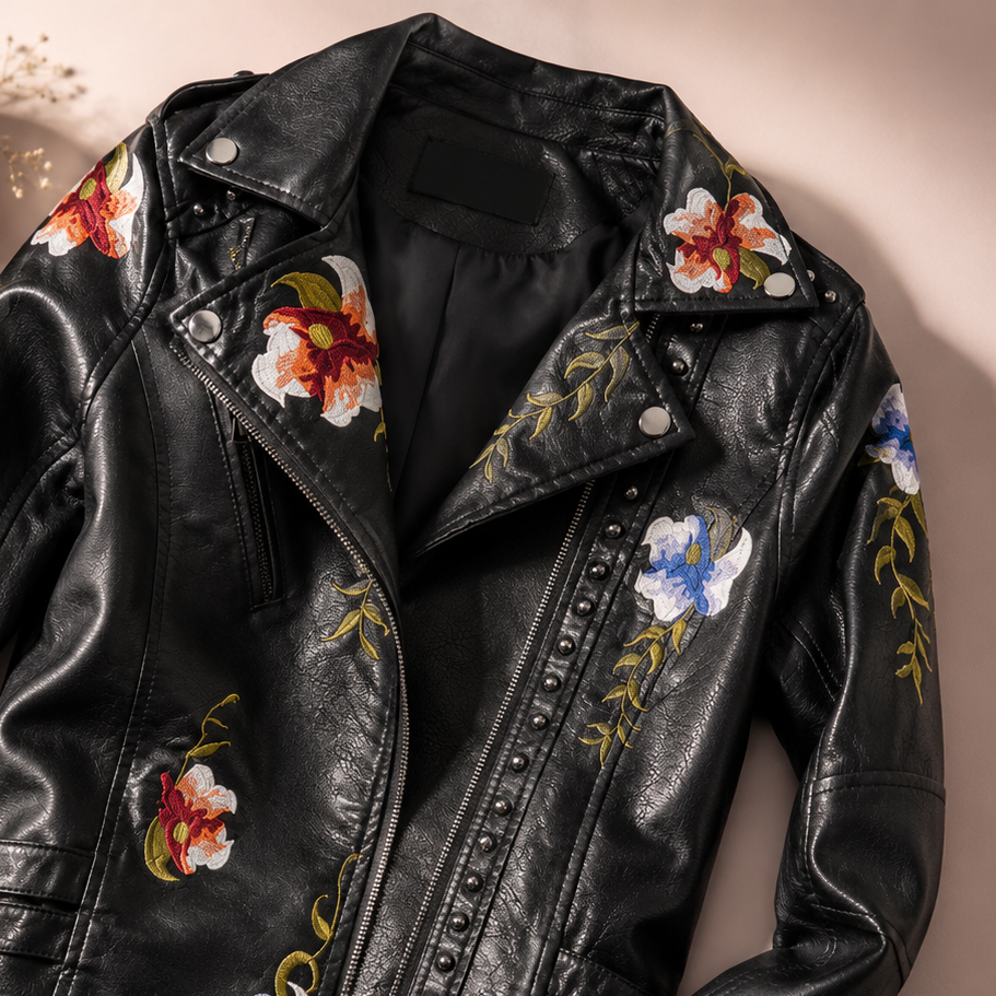 Delacroix Women's Floral Embroidered Leather Biker Jacket