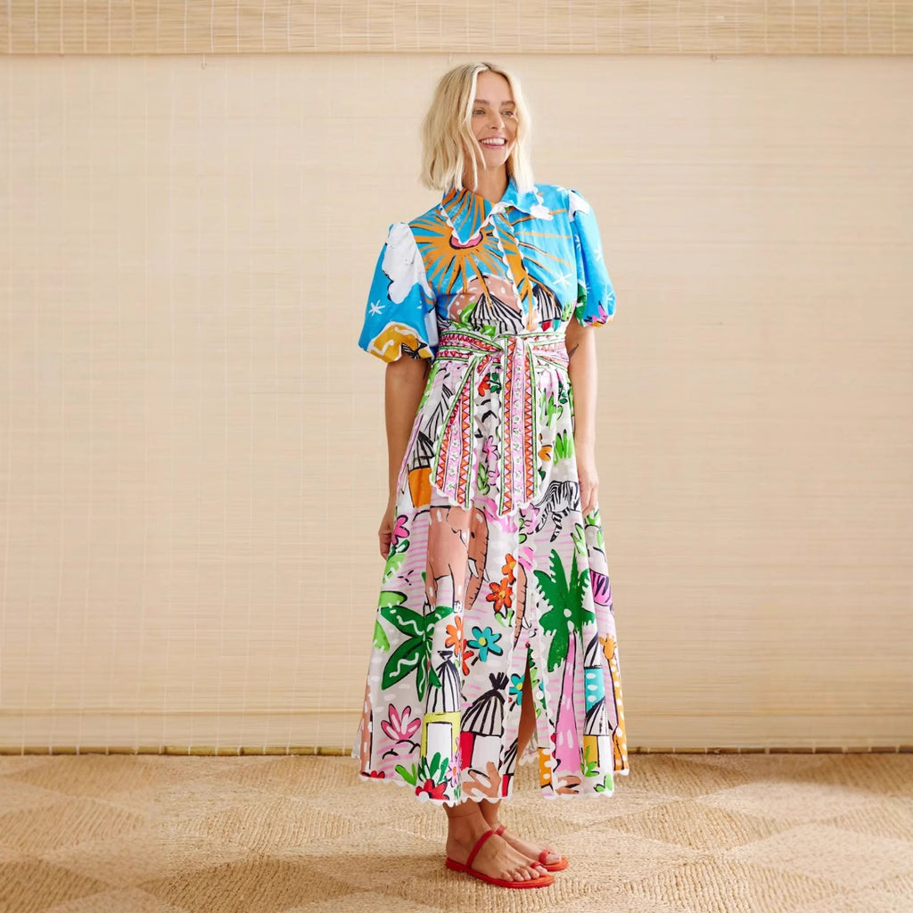 Linen Personality Printed Shirt-Collar Cardigan Dress-HighTouch