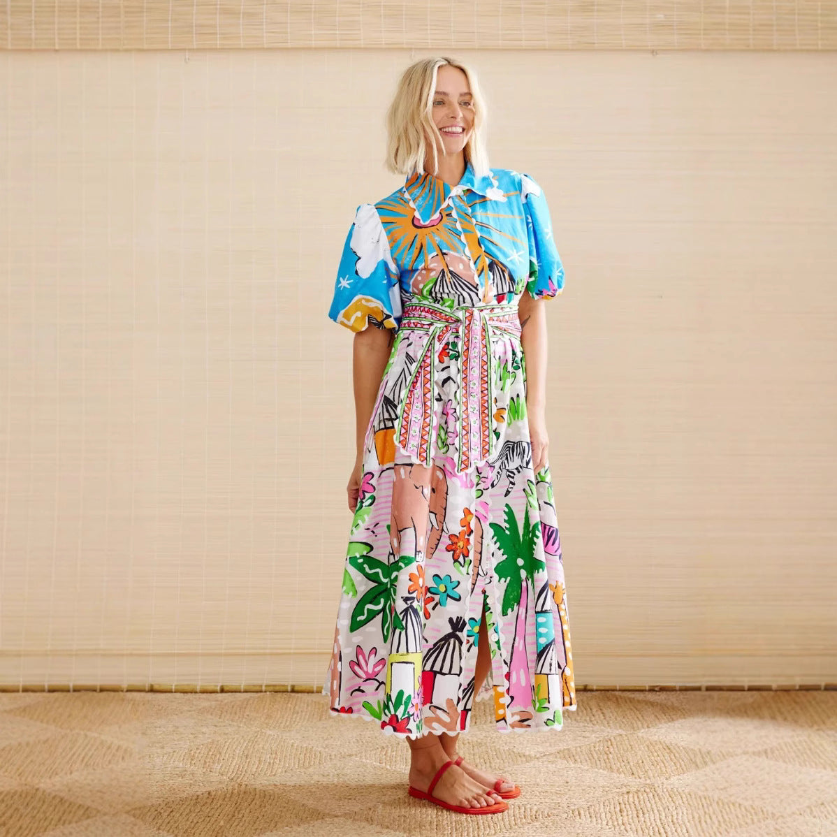 Linen Personality Printed Shirt-Collar Cardigan Dress-HighTouch