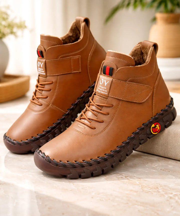 Women's Leather Ankle Boots - Stylish Low Block Heel Dress Booties
