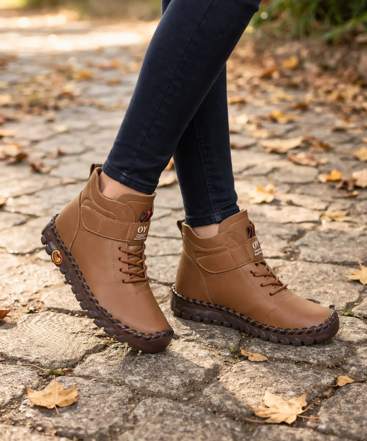 Women's Leather Ankle Boots - Stylish Low Block Heel Dress Booties
