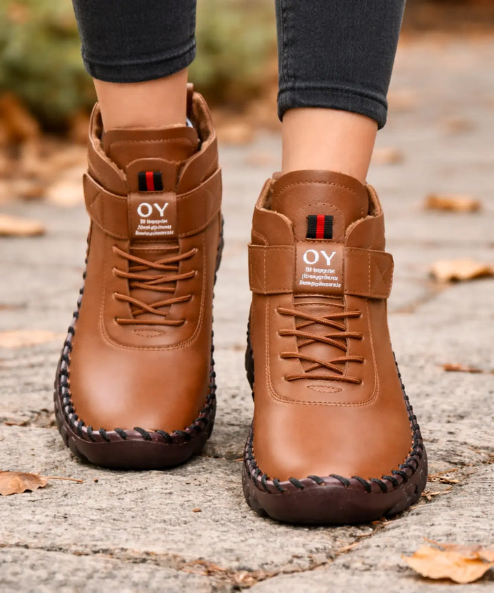 Women's Leather Ankle Boots - Stylish Low Block Heel Dress Booties