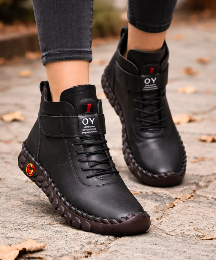 Women's Leather Ankle Boots - Stylish Low Block Heel Dress Booties