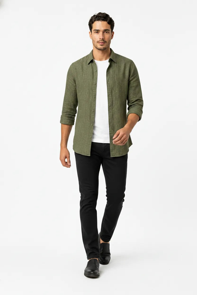 Bram Linen Relaxed Overshirt With Point Collar And Button Down Front