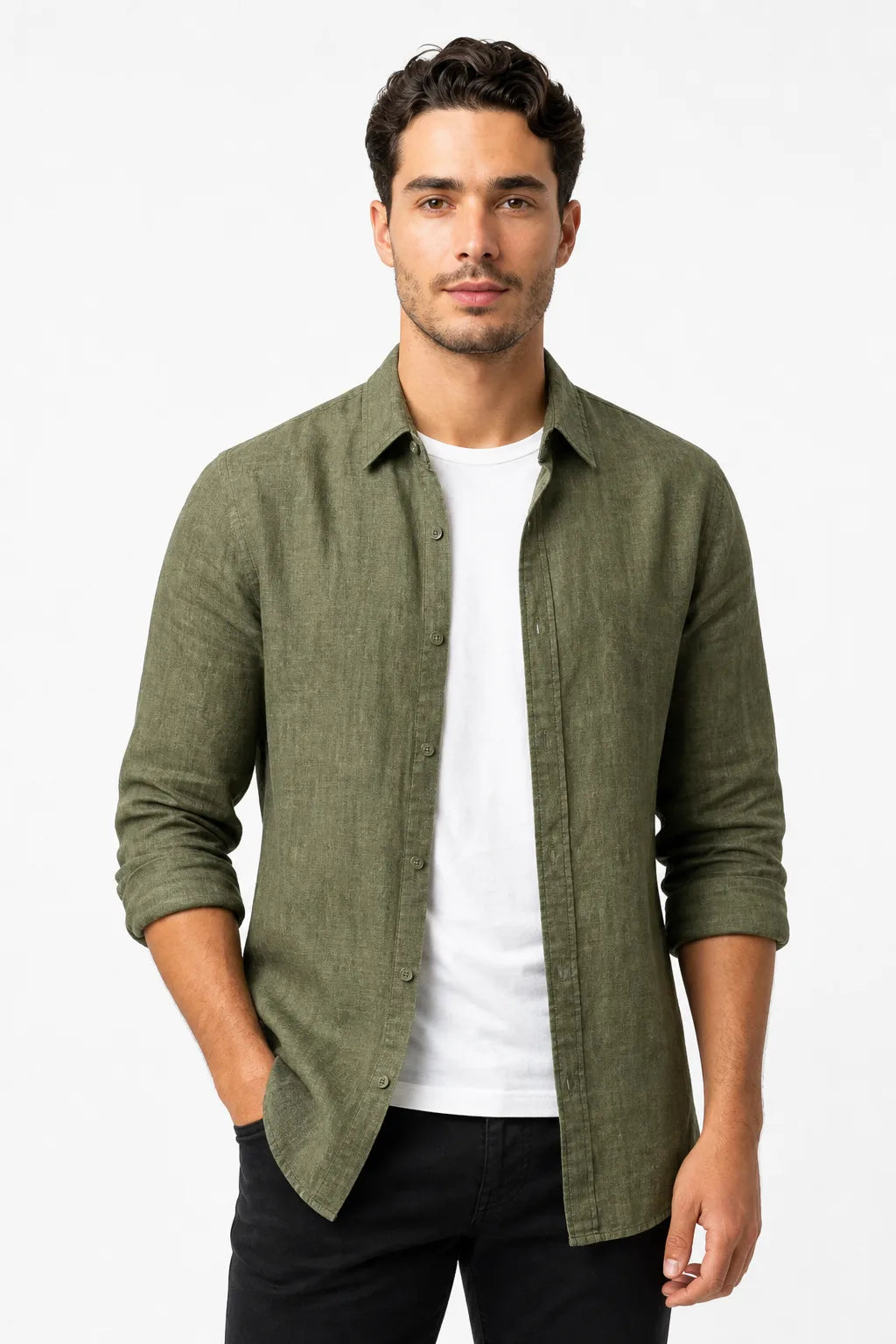 Bram Linen Relaxed Overshirt With Point Collar And Button Down Front
