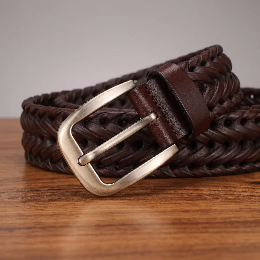 Men's Woven Leather Belt - Hand-Braided Casual Stretch Strap
