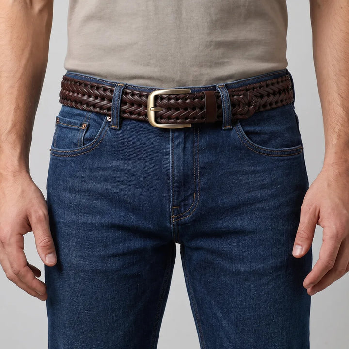 Men's Woven Leather Belt - Hand-Braided Casual Stretch Strap